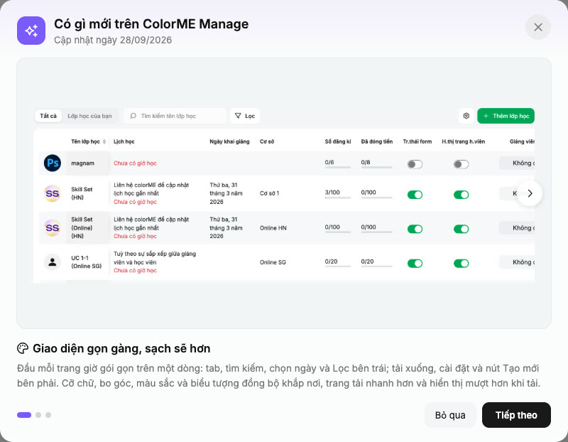 Hộp thoại Có gì mới trên ColorME Manage